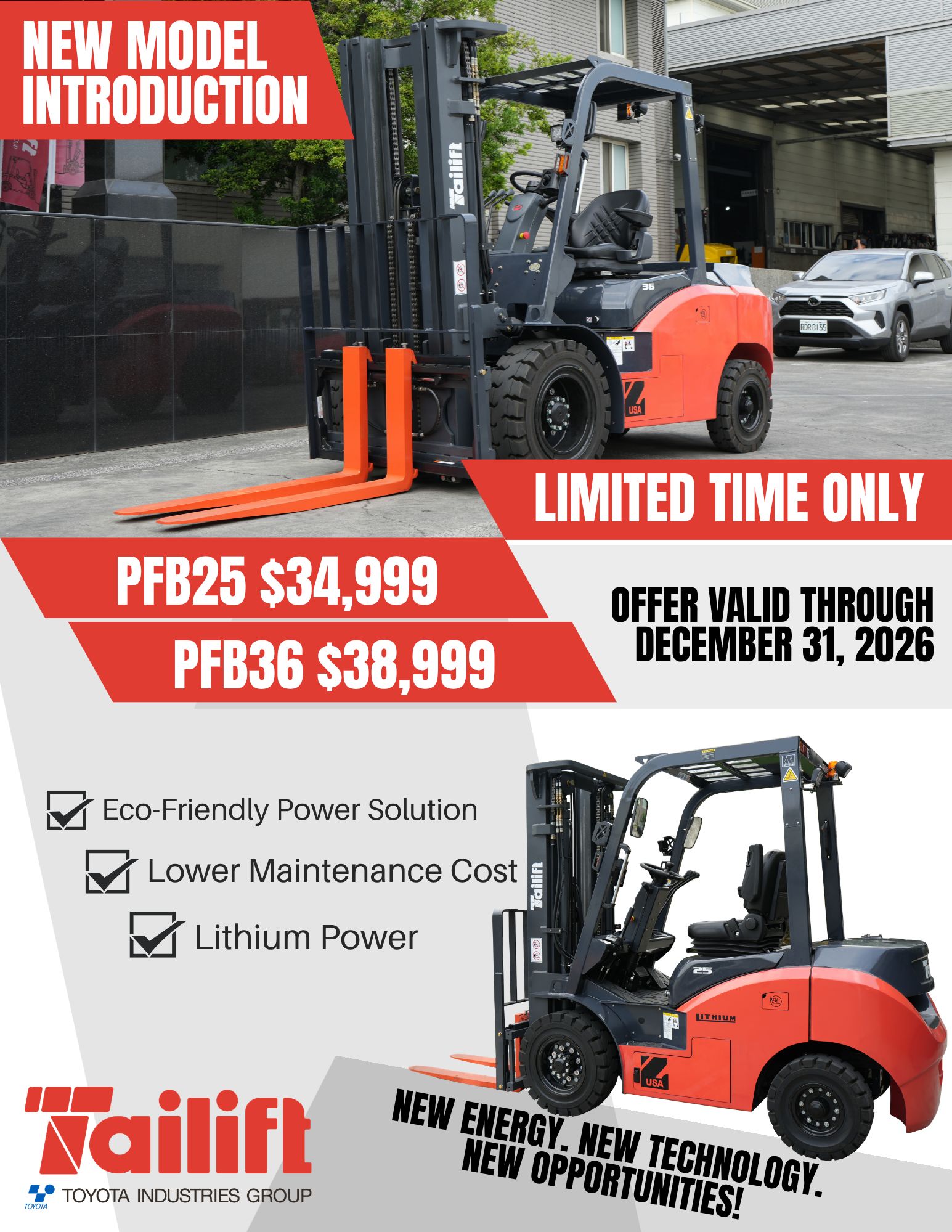 Forklift sale ad with red and black forklifts, “New Model Introduction,” and limited-time pricing by Tailift