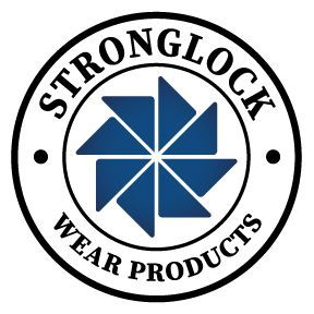 Stronglock Wear Products logo: Blue stylized flower within a black and white circular design. Text: 
