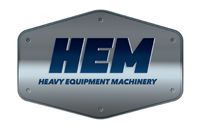 Logo for HEM: "HEM" in blue text, with "HEAVY EQUIPMENT MACHINERY" below, all on a metallic silver plaque.