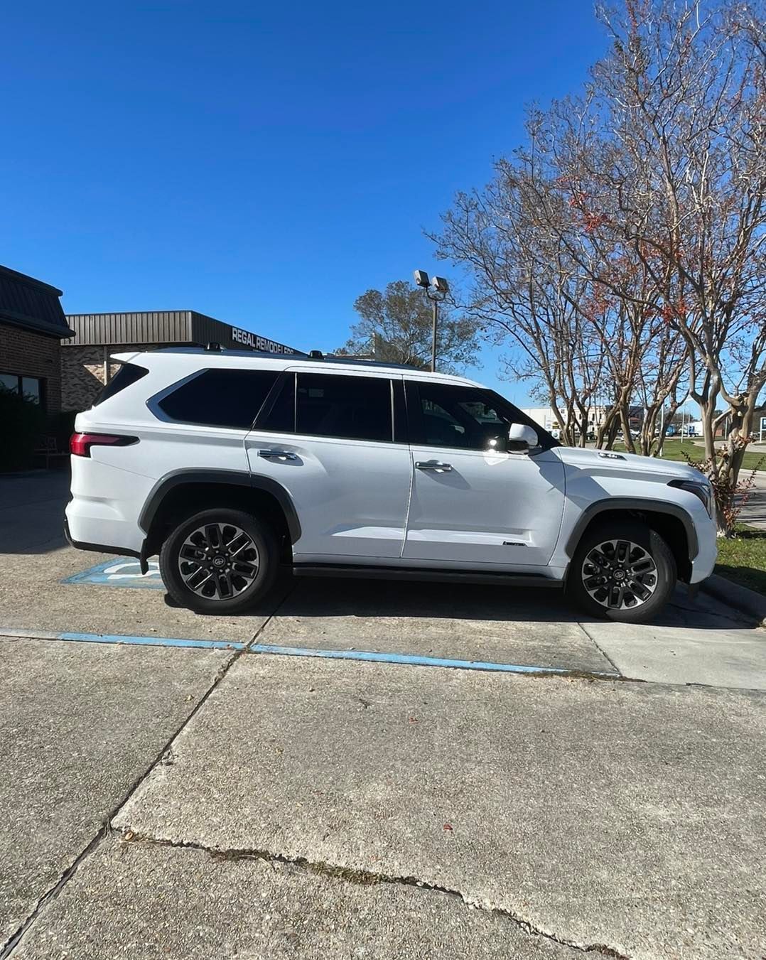 A white SUV parked in a paved lot on a sunny day next to a bare tree.