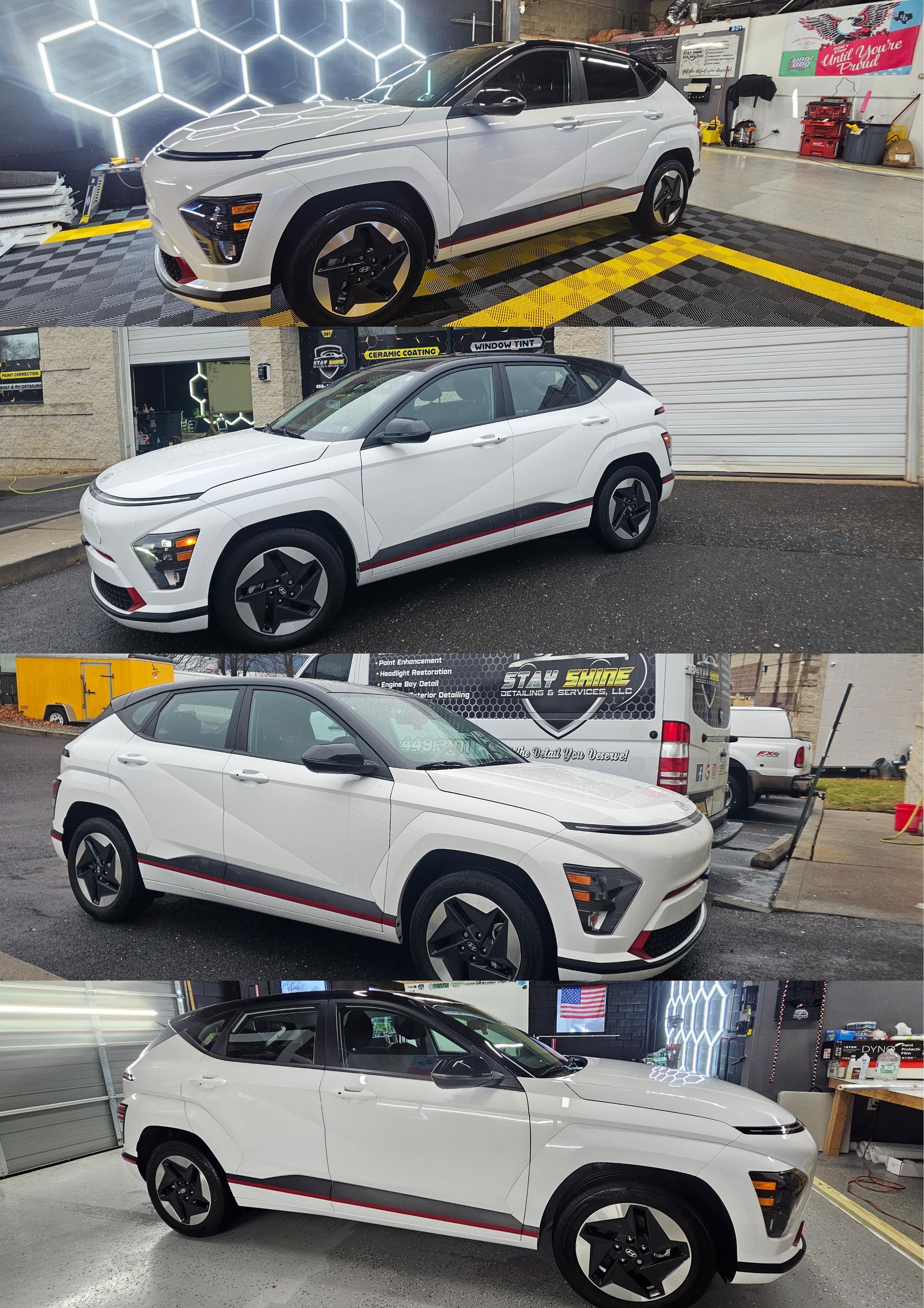 White Hyundai Kona EV, with black accents and red stripe. Four different views.