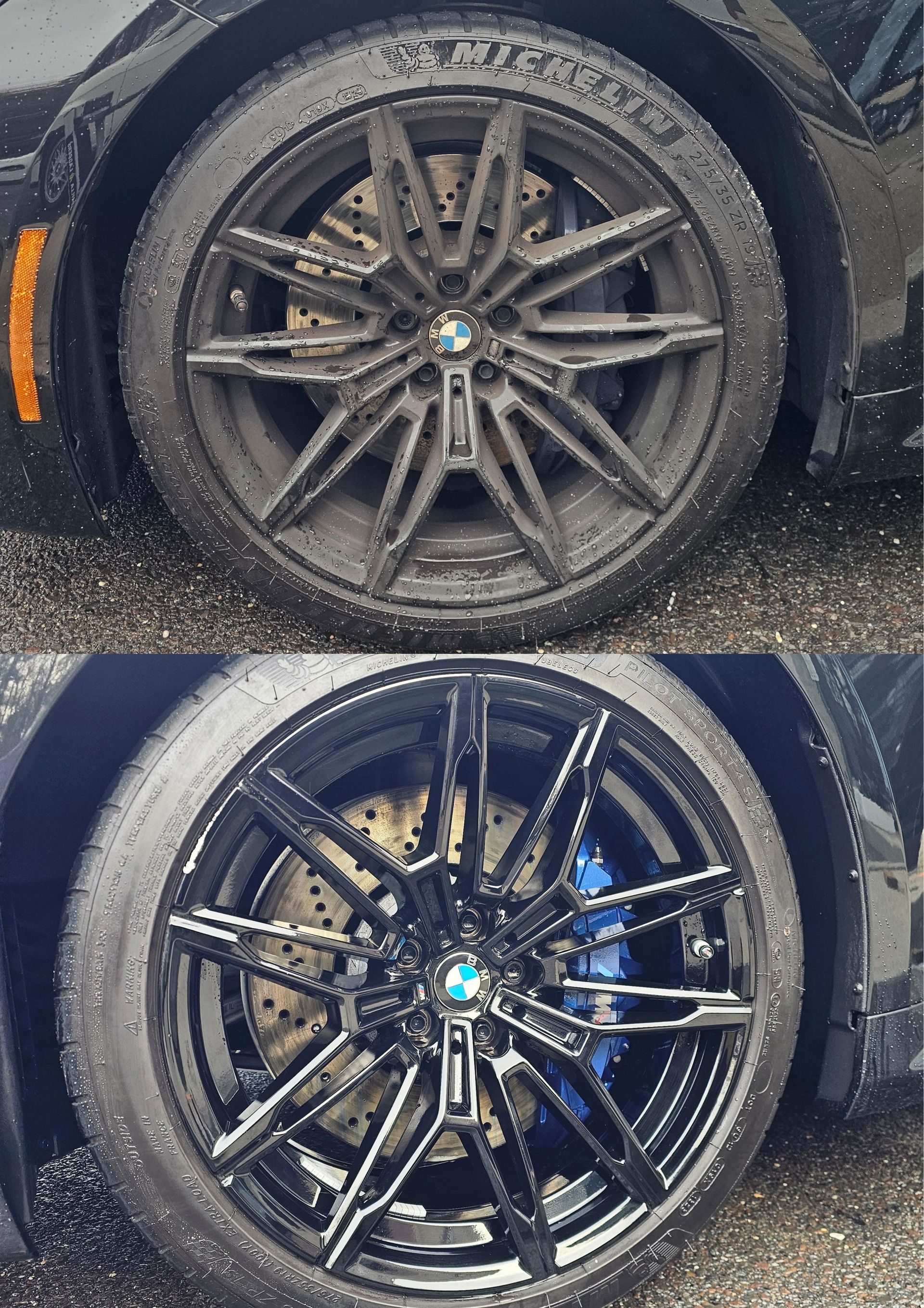 Two black car wheels, one gray, one black, with brake details.