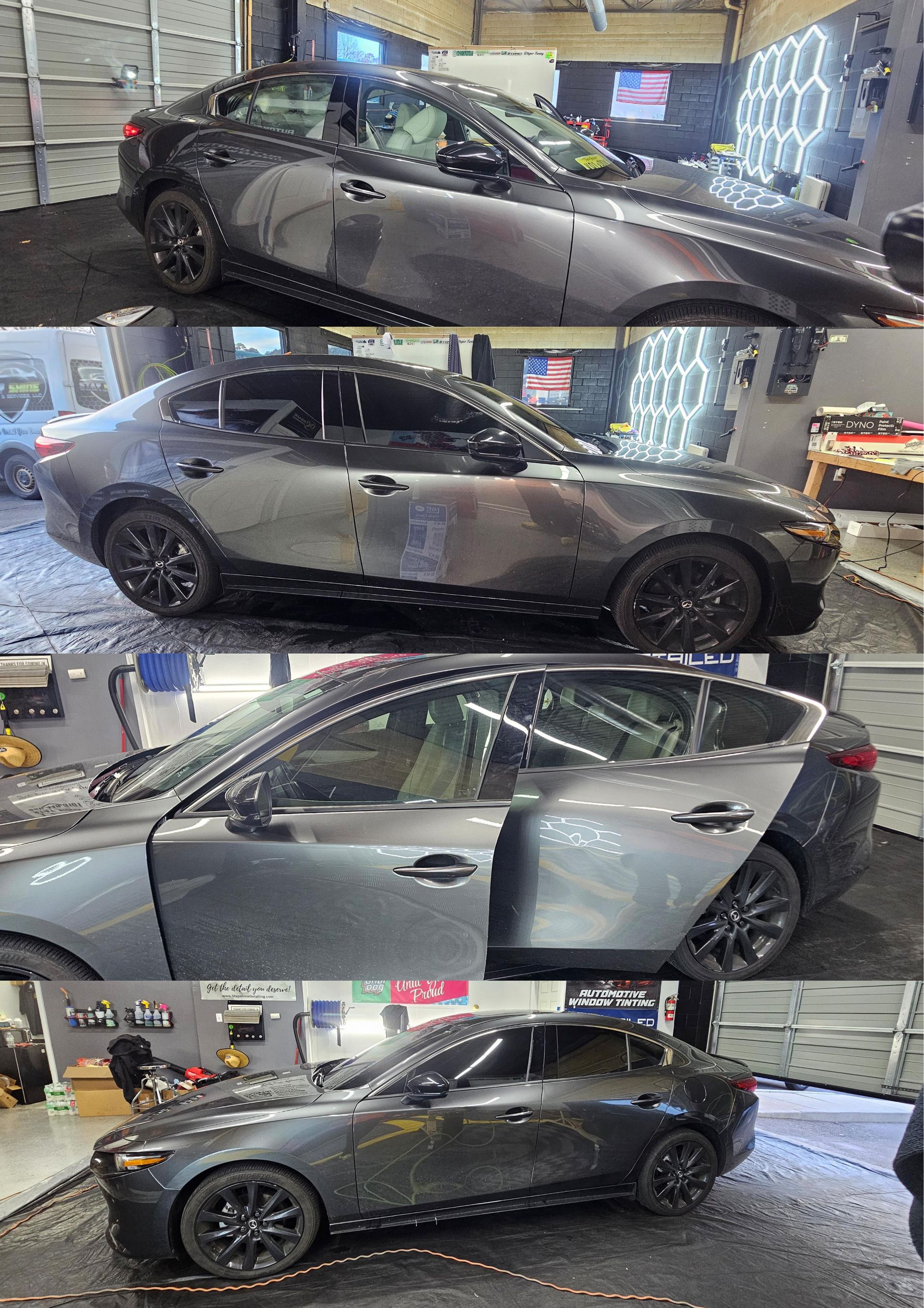 Four-panel view of a dark gray Mazda 3 being worked on at an auto shop. Panels showcase door open/closed.