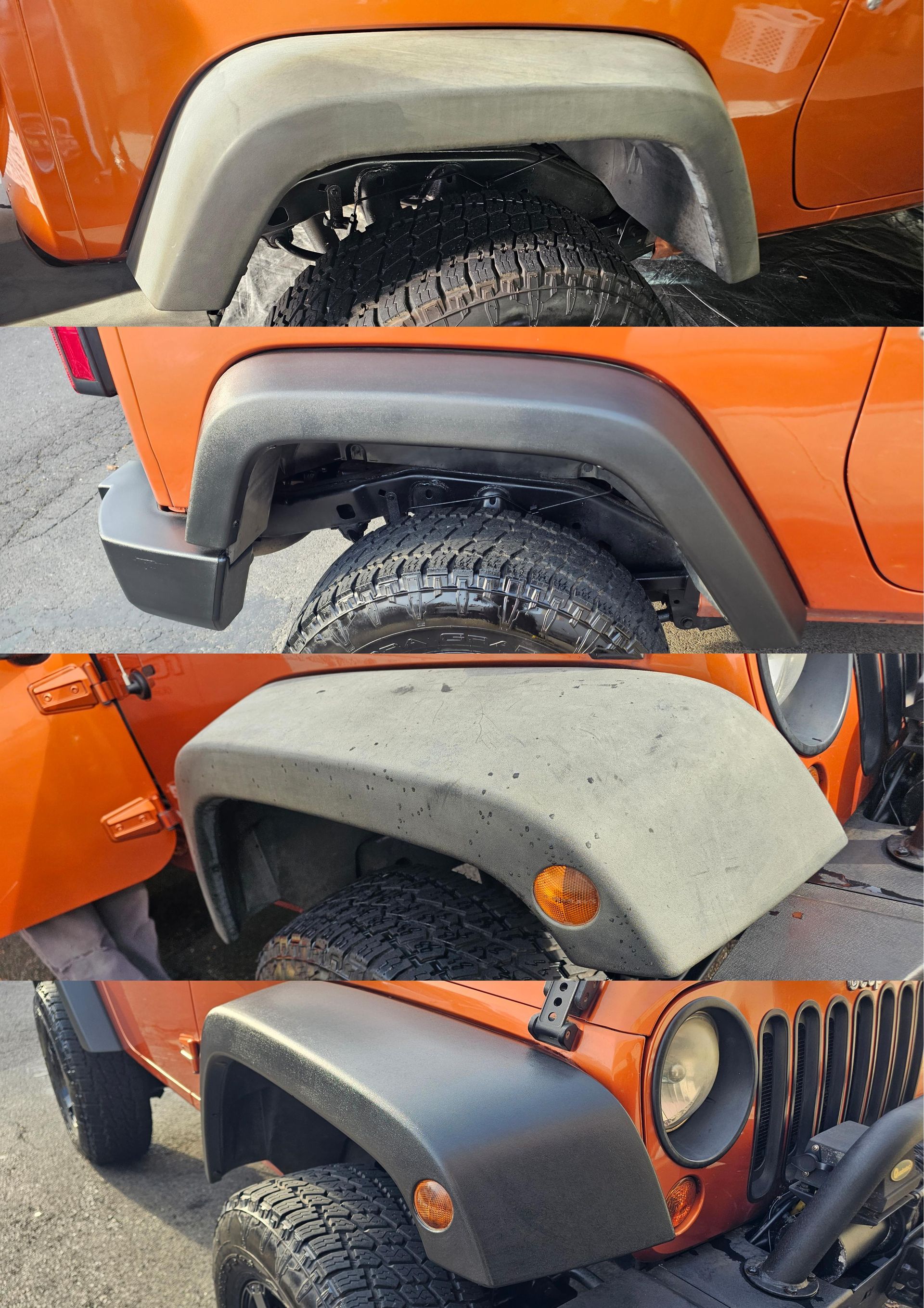 Four views of an orange Jeep's fender, with black or gray wheel flares, and a black tire.