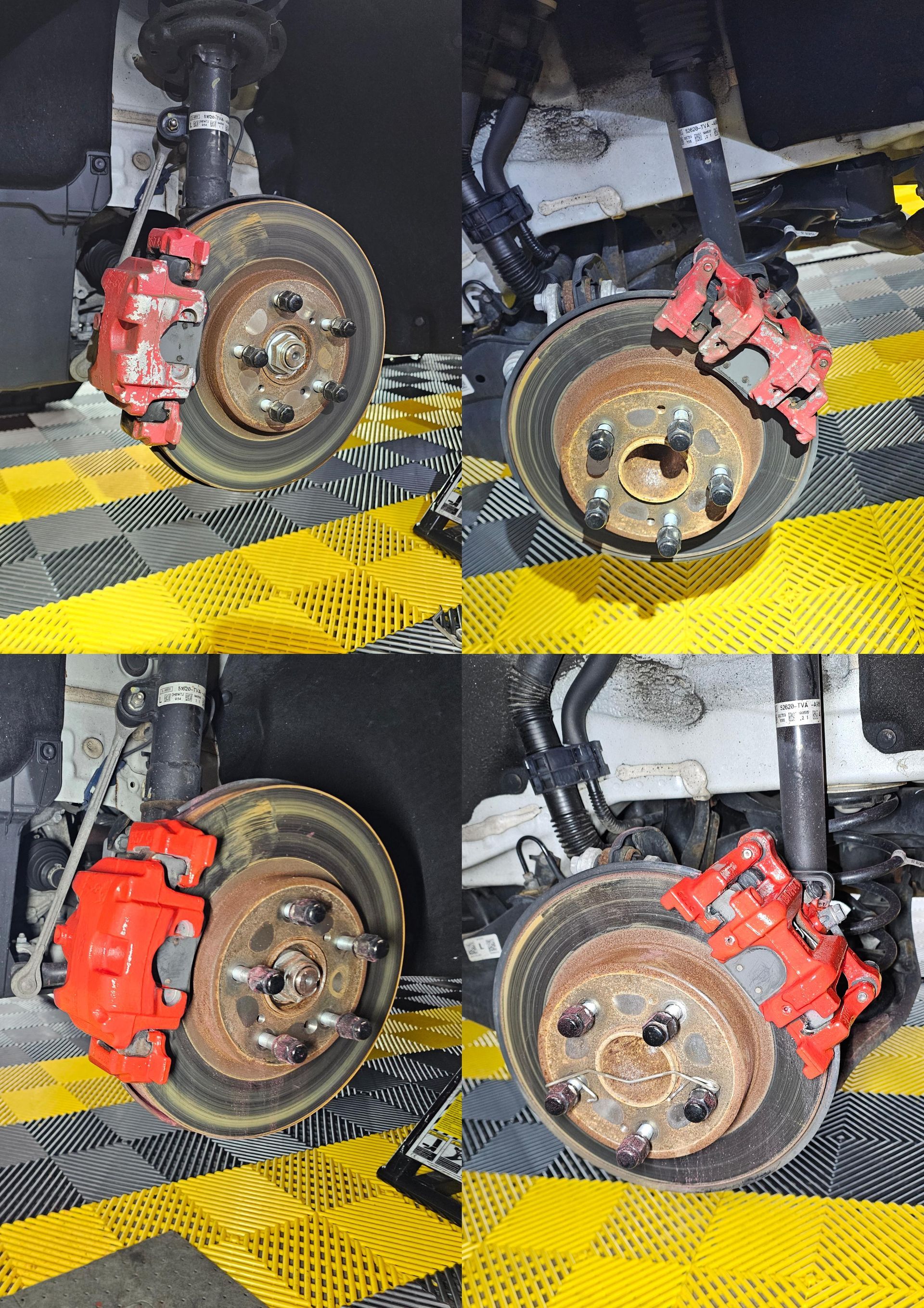 Four views of a car's red brake calipers, rotors, and wheel hubs. The car is on a yellow and black mat.