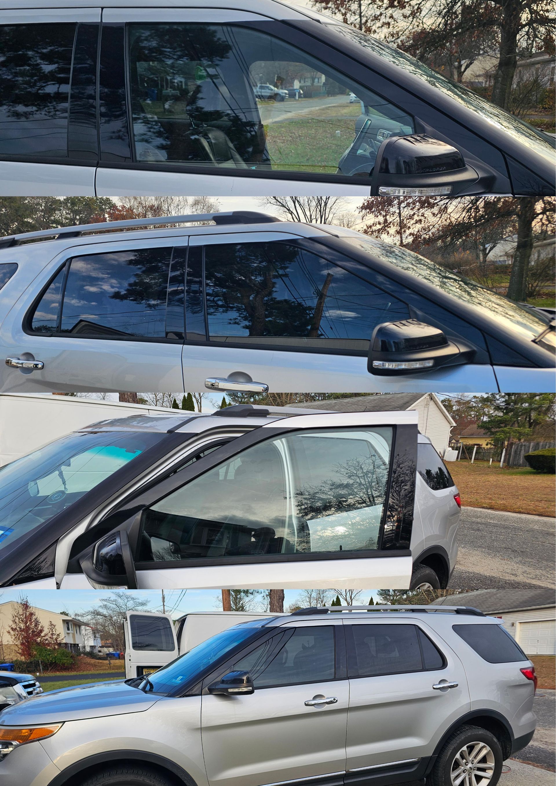 Silver SUV with tinted windows, photographed from various angles outdoors.