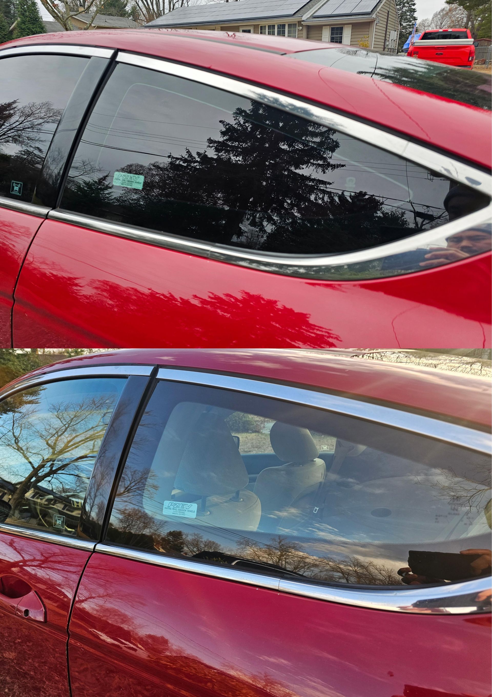 Two photos of a red car, one with tinted windows, one with clear windows, showing a reflection of trees and the interior.