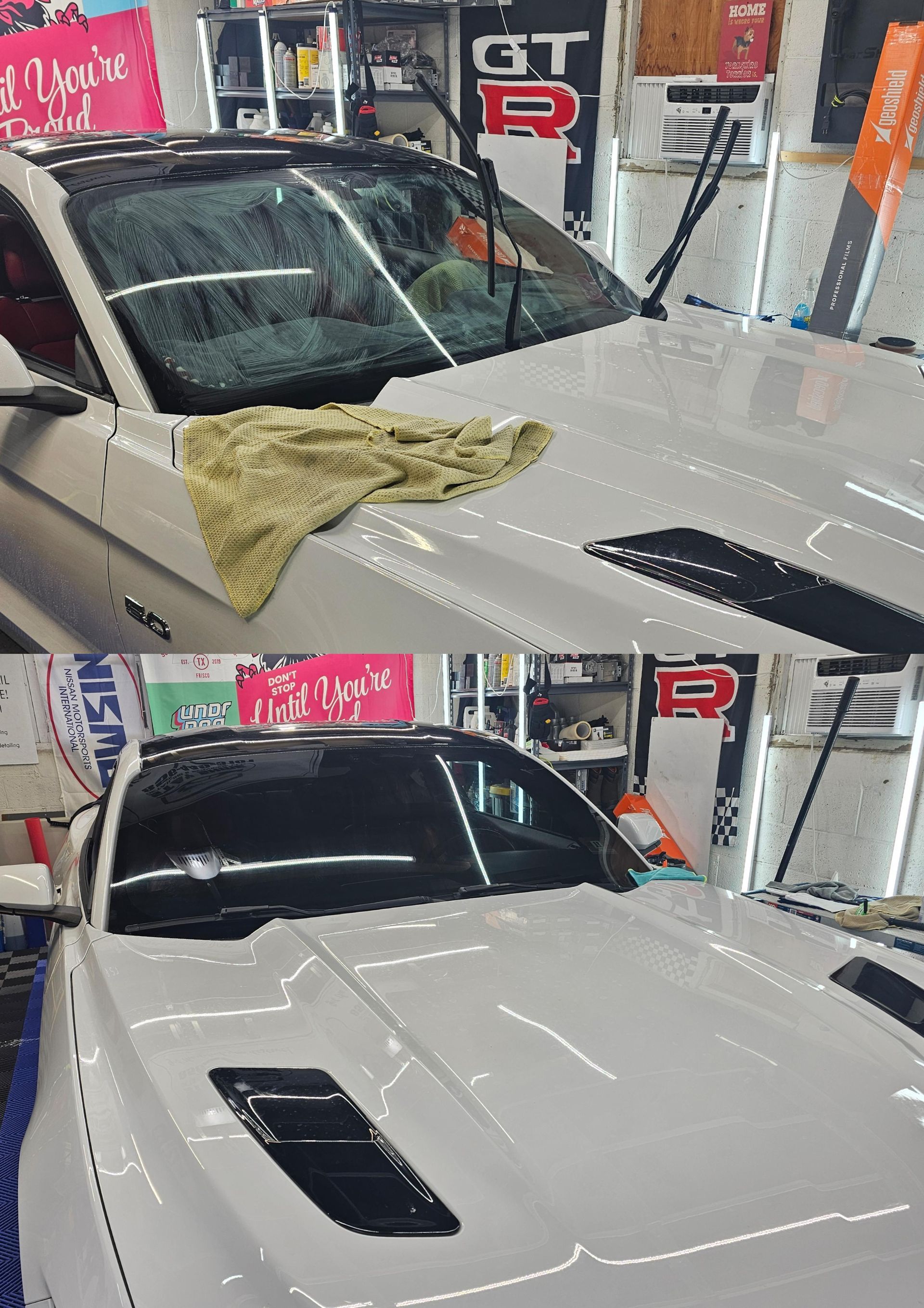 A white car with black accents; windshield being cleaned. Top: wet. Bottom: clean and dry.