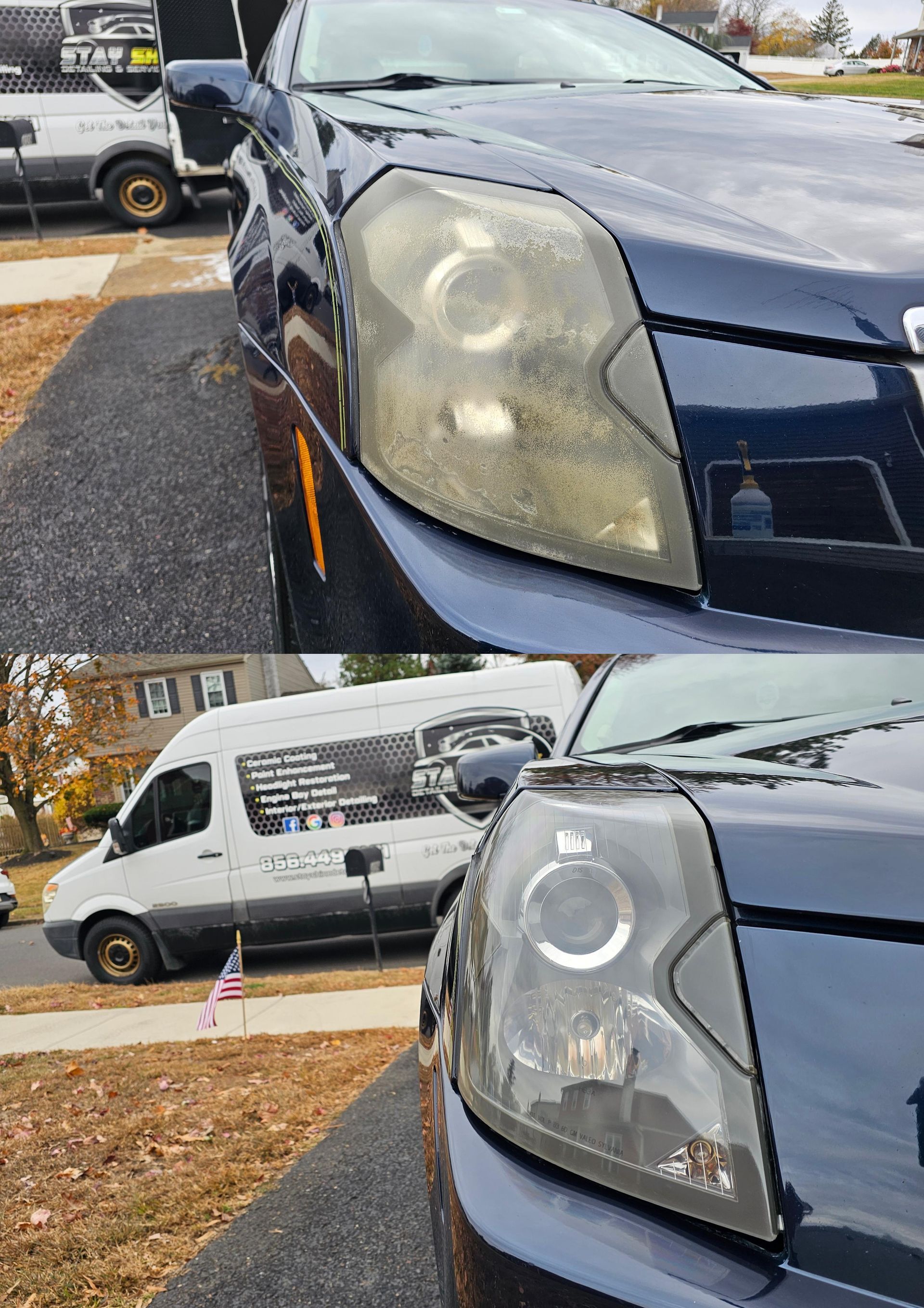 A car headlight before and after restoration, showing yellowed and then clear lens. Blue car, white van in background.