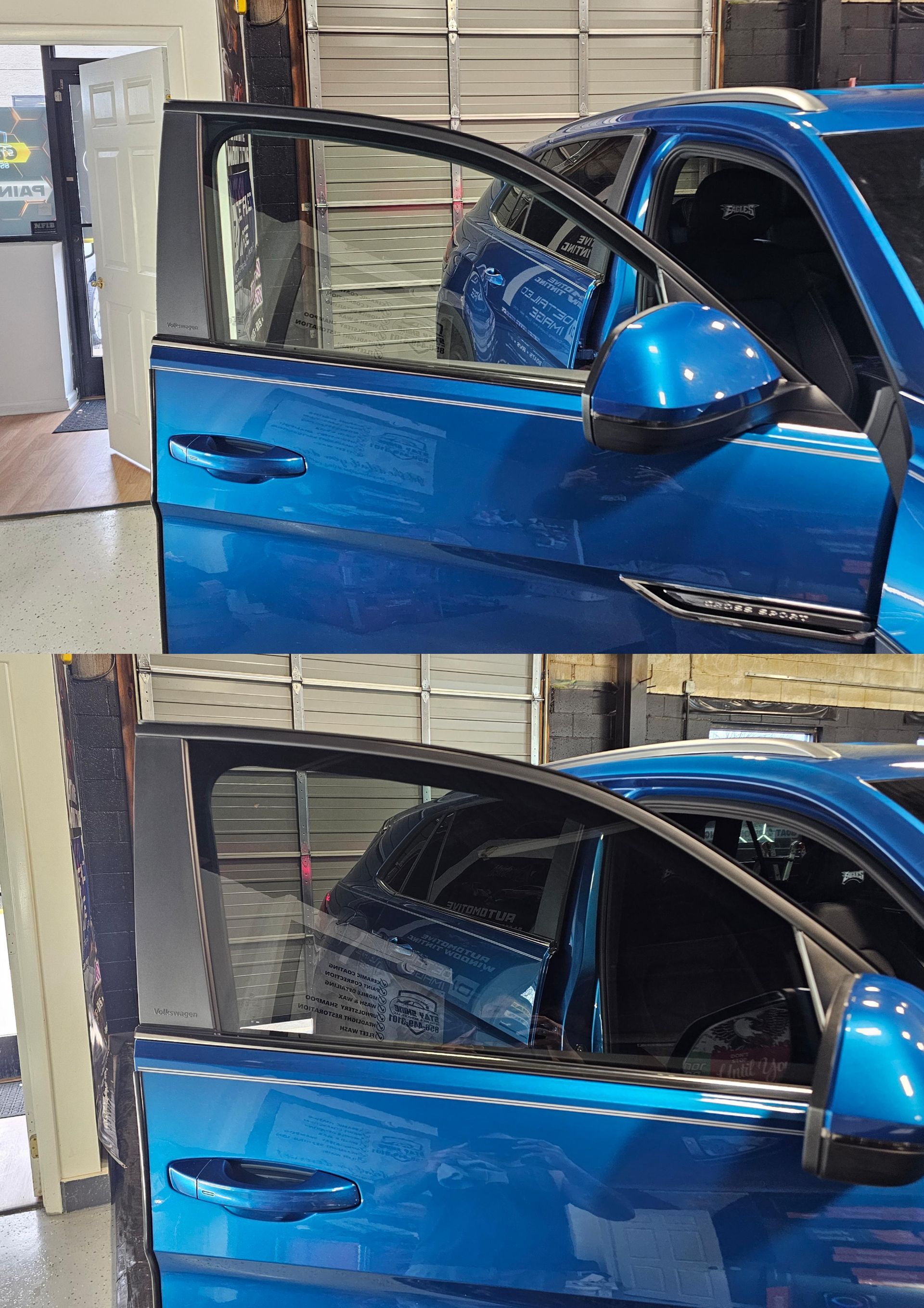 Blue car door with tinted windows, open then closed in a garage setting.