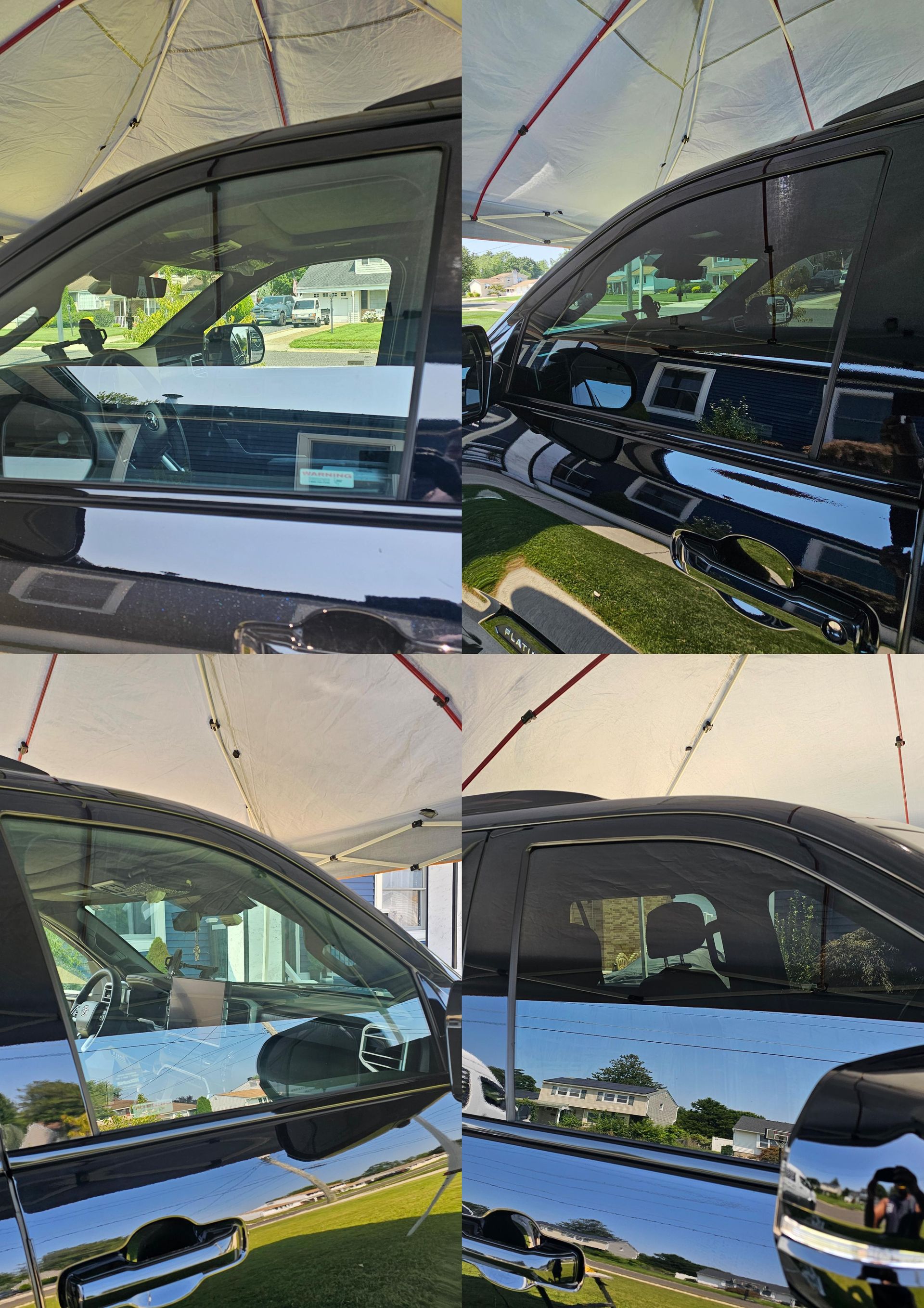 Four views of a black car's windows reflecting a white canopy and surrounding environment.
