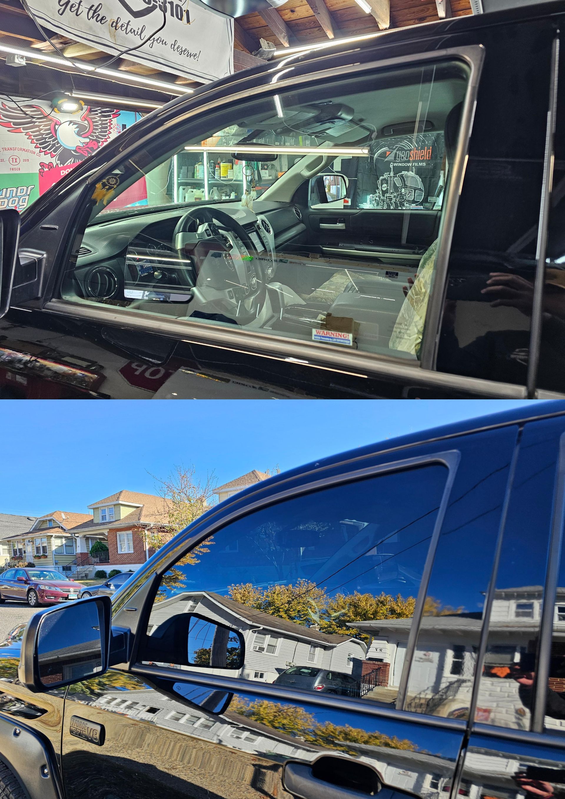 Two views of a black car window. Interior shot showing clear glass, exterior shot showing tinted glass reflecting surrounding scene.