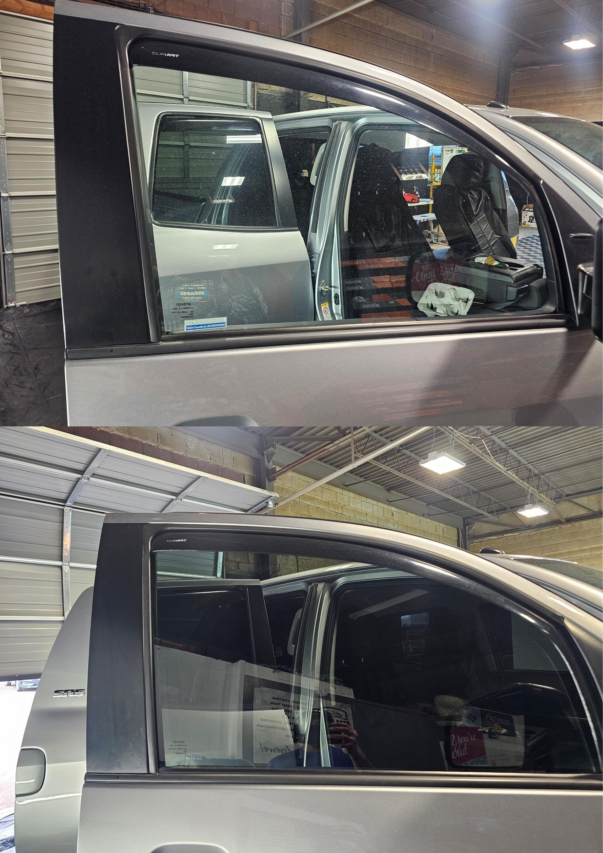 Two side-by-side photos of a silver car's window. Top window is open; bottom window is closed and tinted.