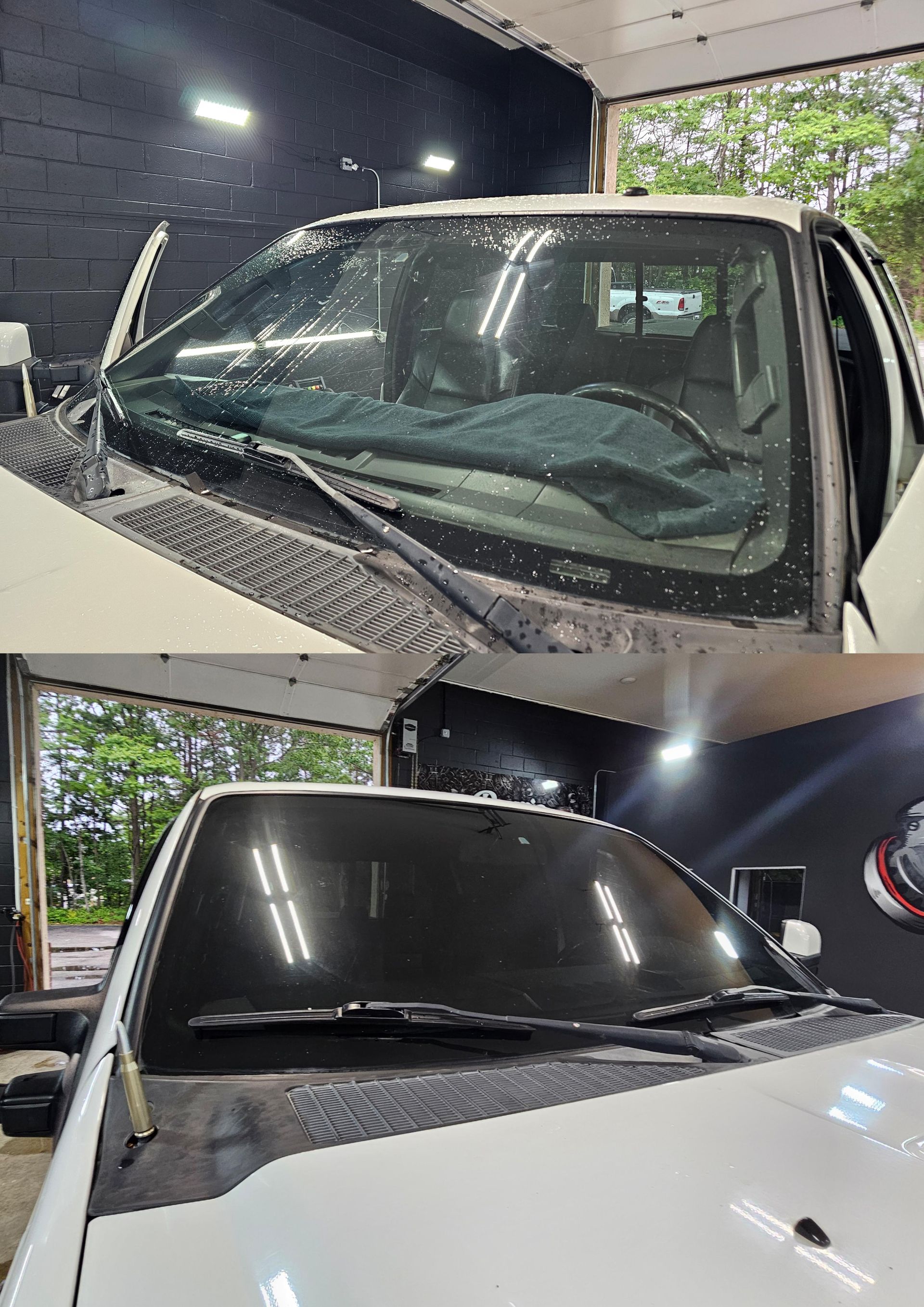 Two images: a white truck's windshield before and after tinting.