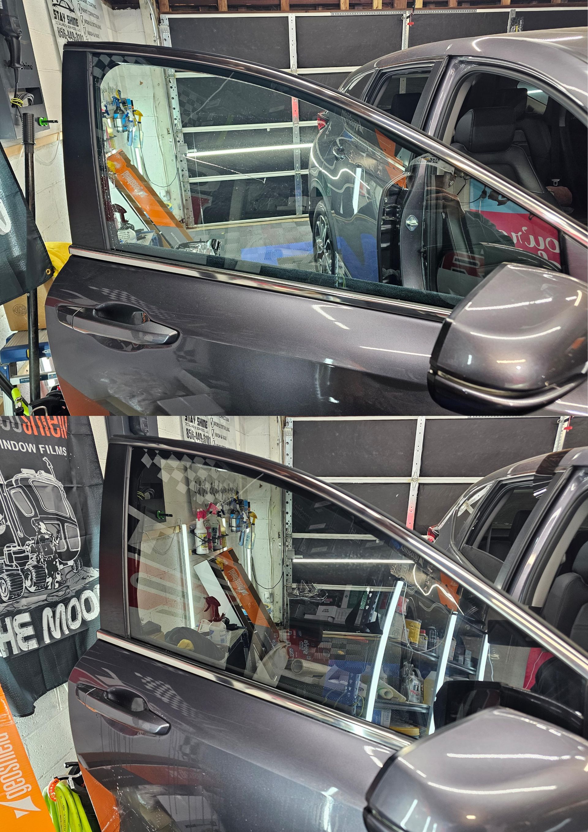 Car door open, showing interior and window being worked on in a repair shop.