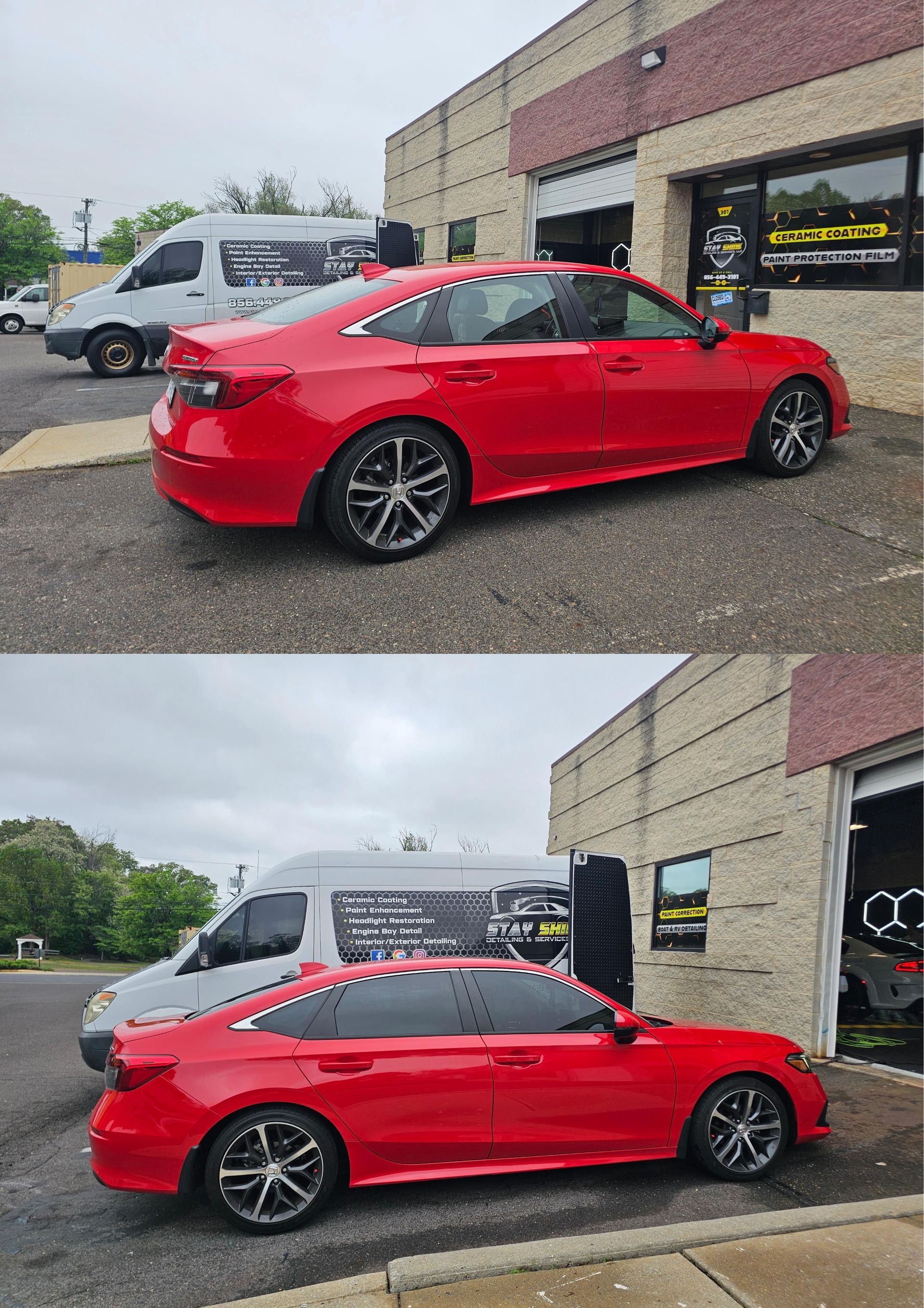 Red car parked outside a business with tinted windows. A white van is in the background.