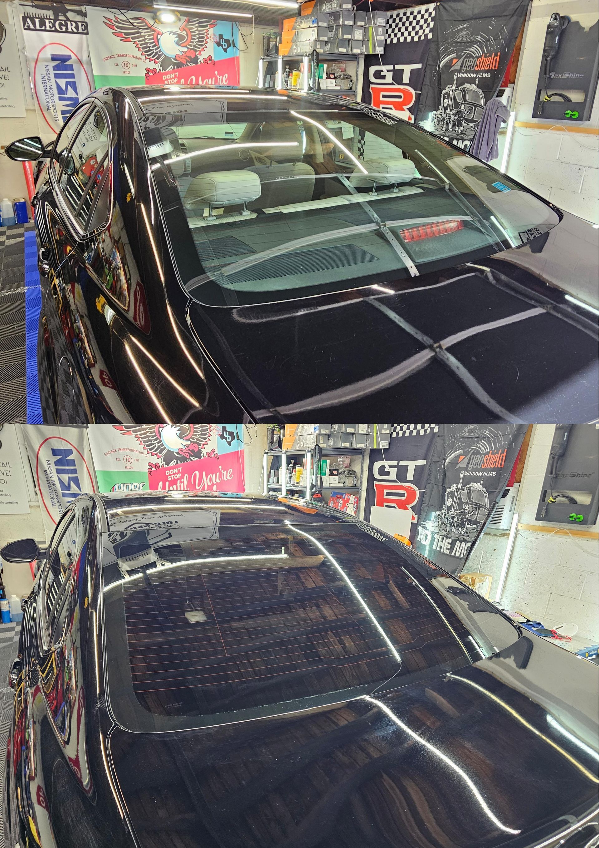 Top and bottom views of a black car with a windshield, in what appears to be a garage.