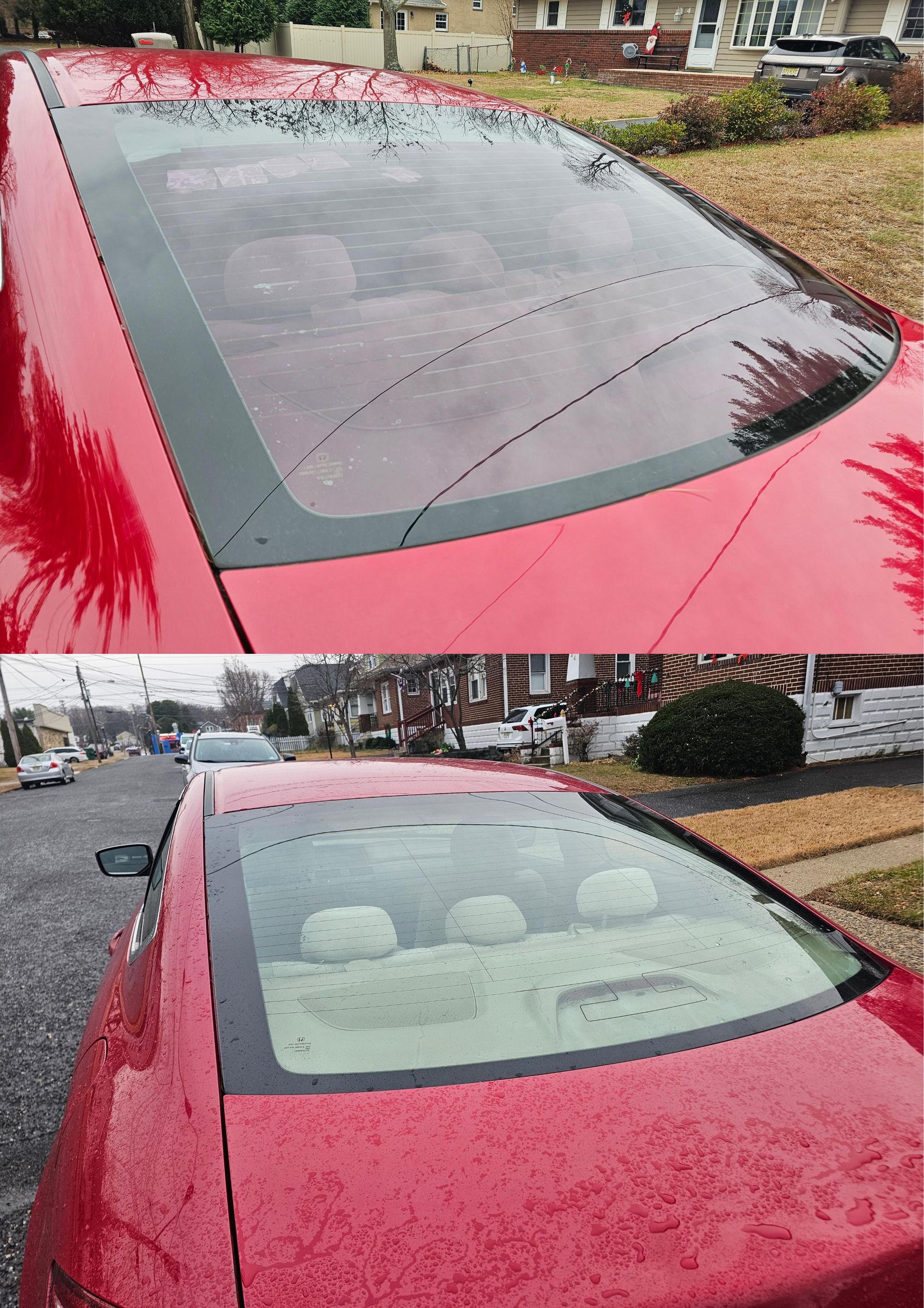 Two views of a red car with a panoramic sunroof, the top view shows cracks in the glass.