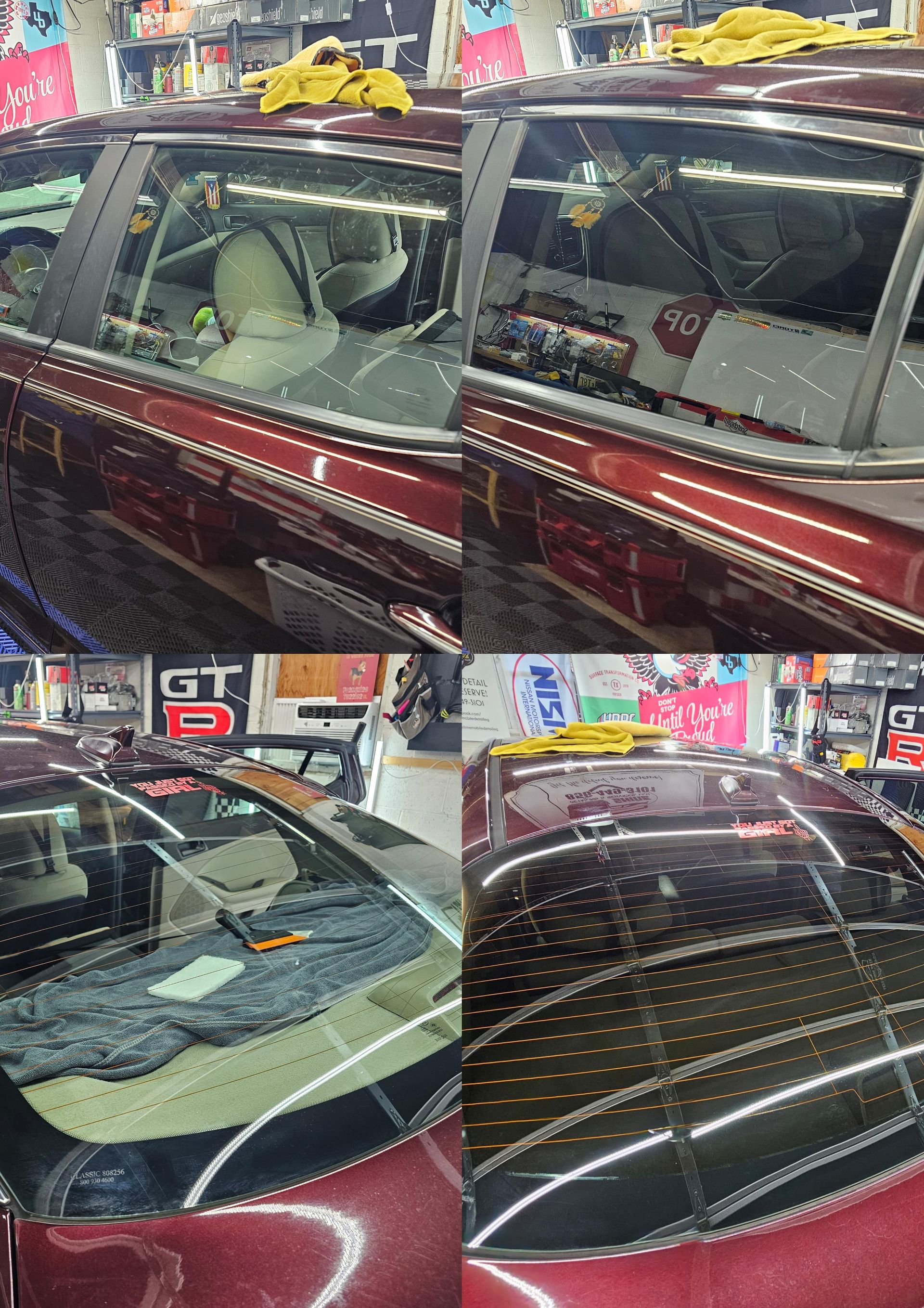 Four-panel view of a burgundy car with tinted windows being worked on in a shop; a yellow cloth is visible.
