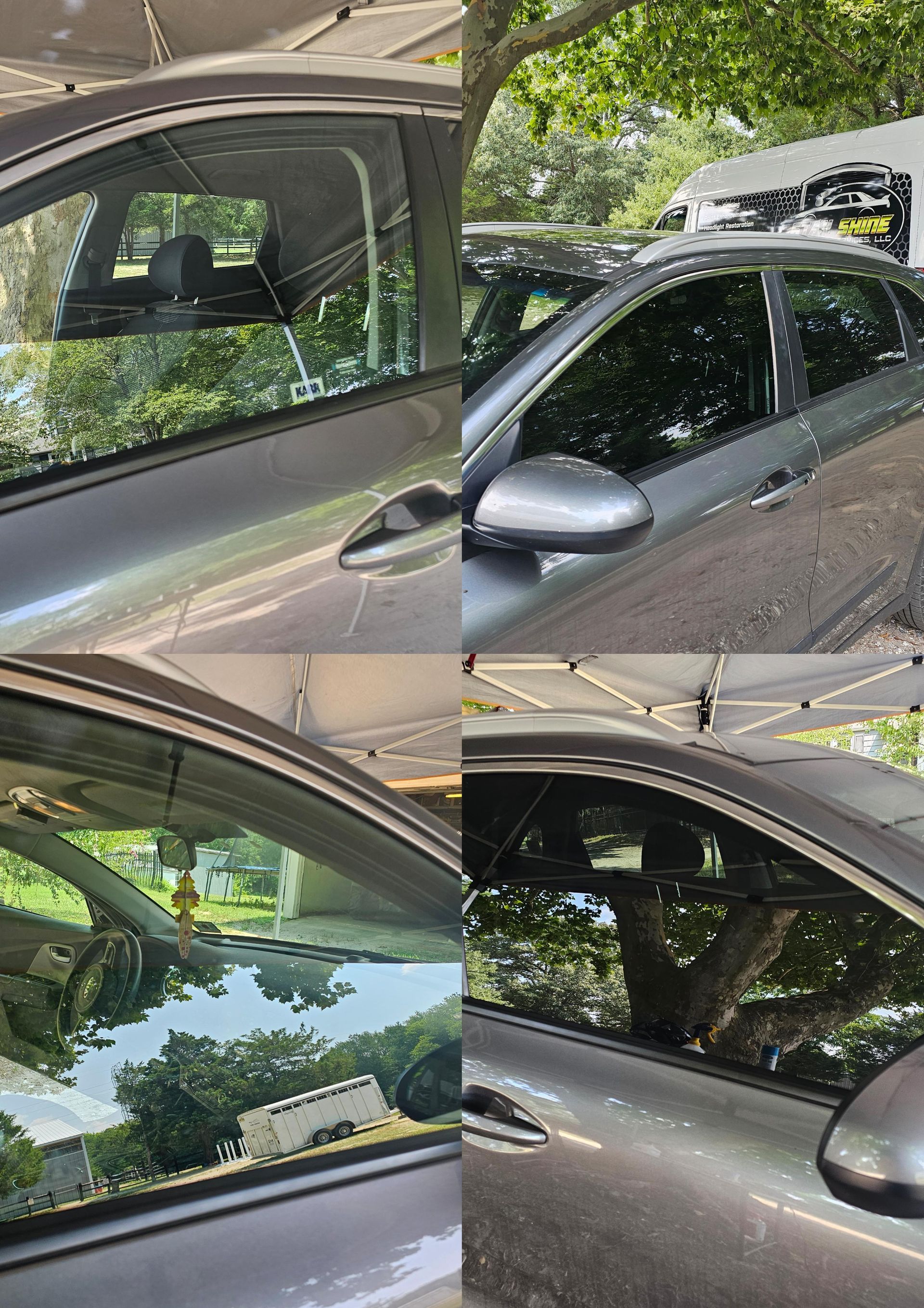 Four close-up views of a gray car's windows.  Reflections of trees and surroundings are visible.