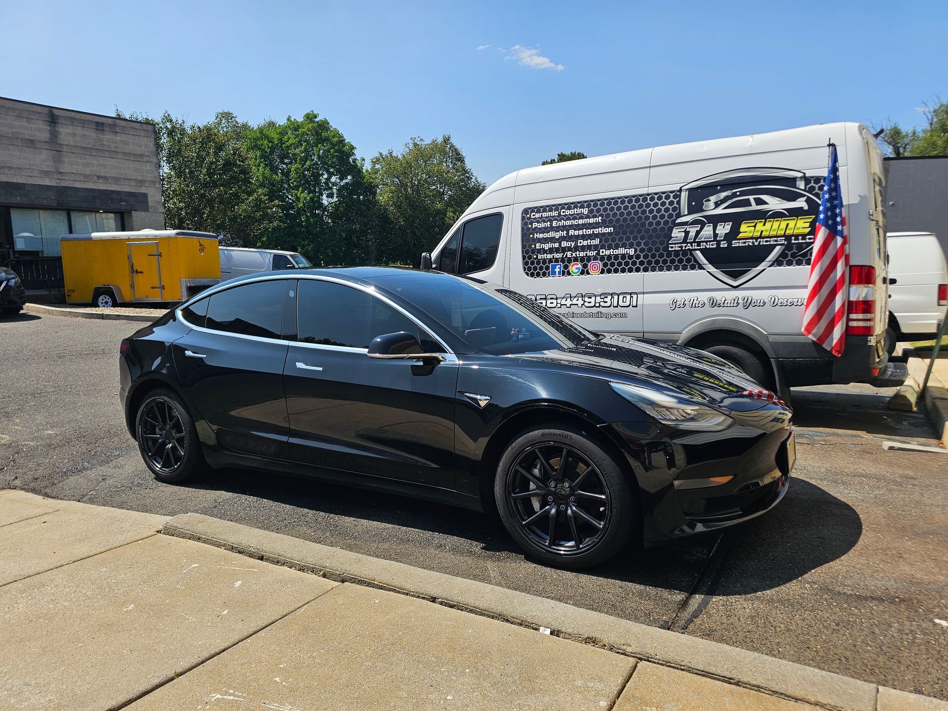 Black Tesla Model 3 car parked next to a van with window tinting branding. Sunny outdoor setting.