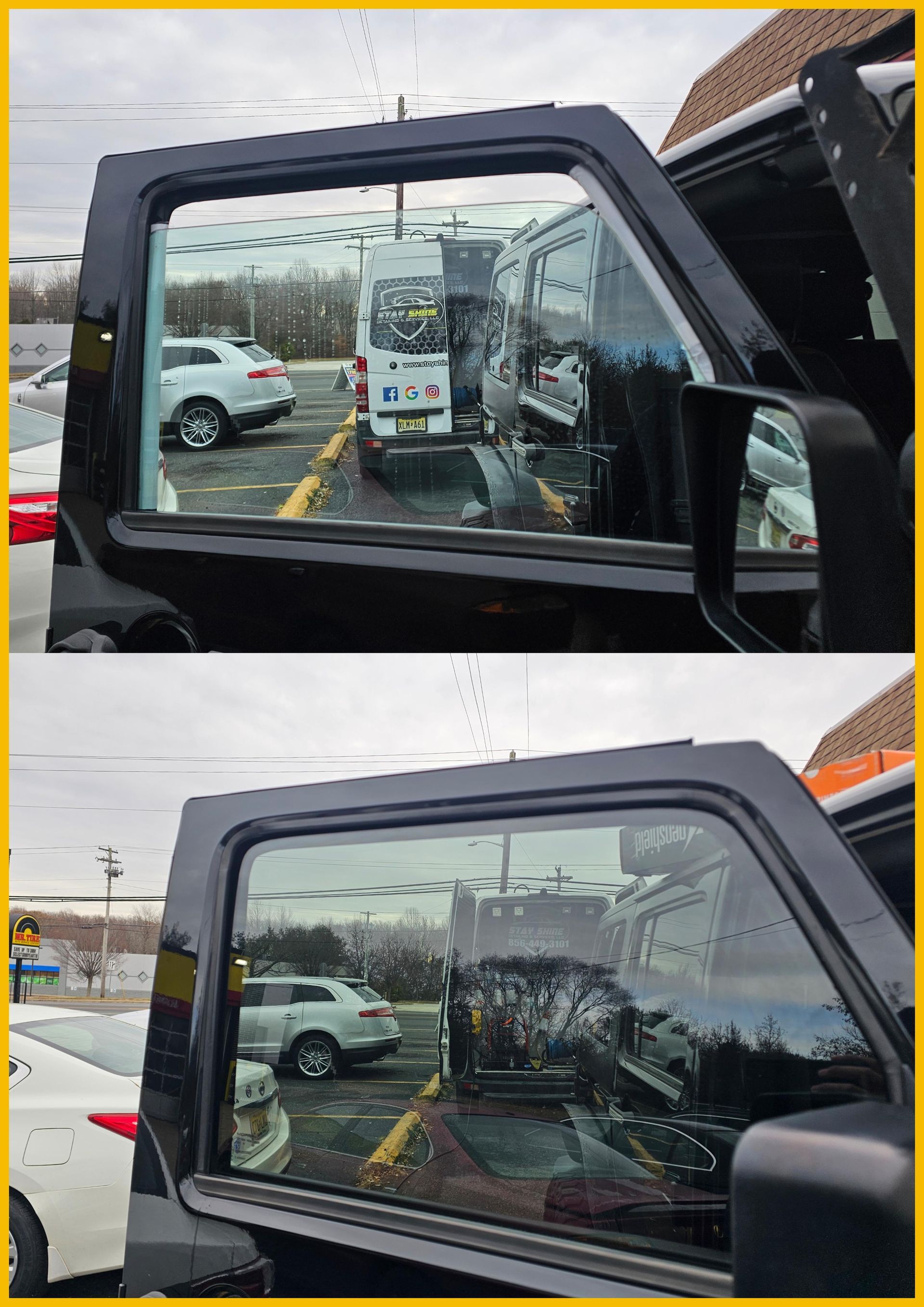 Two views through a car window: a black car door open, showing parking lot with vehicles. The second picture shows the window with a cloudy appearance.