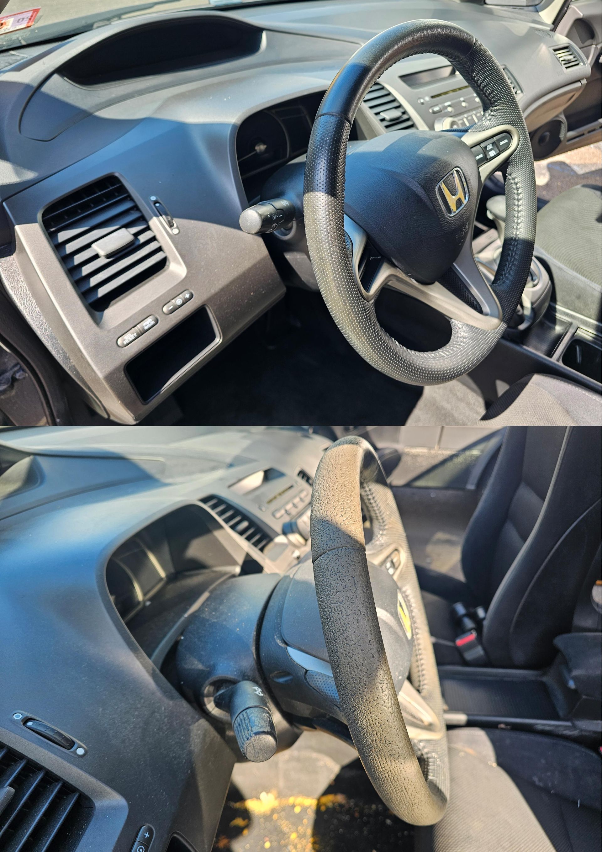 Two views of a car's interior. A black Honda steering wheel is centered in both, with wear and tear visible.