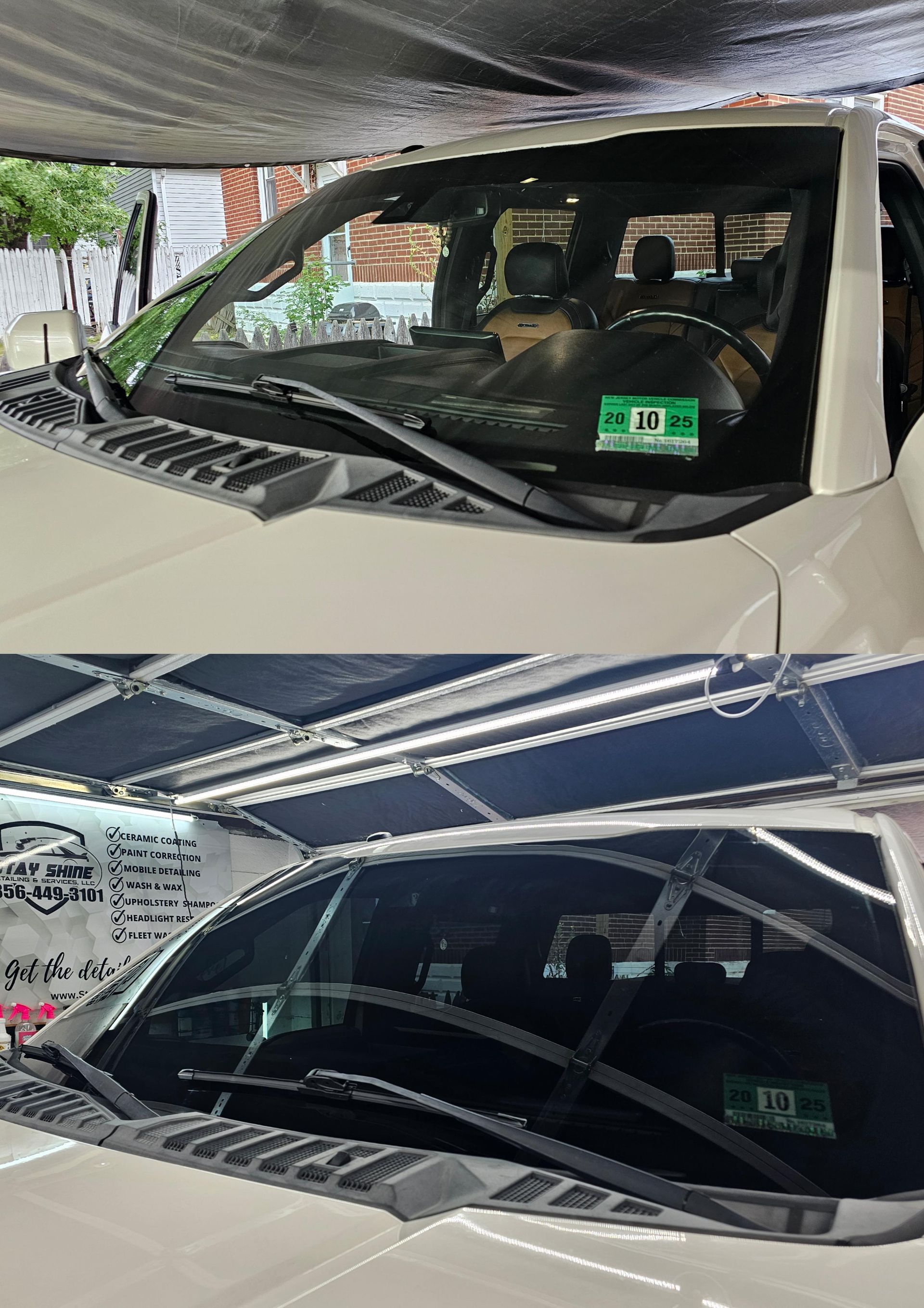 Top: White Ford truck windshield, clear glass. Bottom: Same windshield, tinted glass.