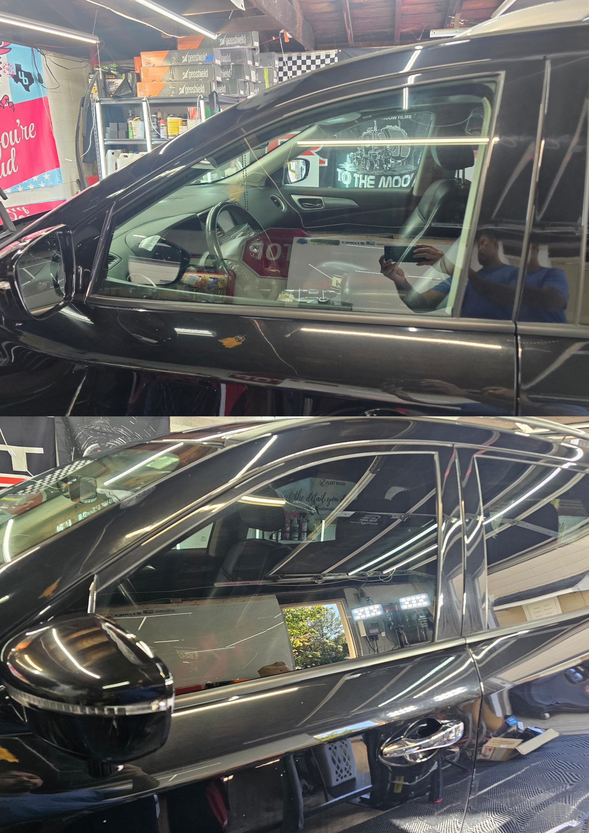 Two angles of a black car with tinted windows. Interior visible. Shop background.