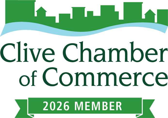 Logo for the Clive Chamber of Commerce featuring a green city skyline silhouette above the text and a 2026 member banner.