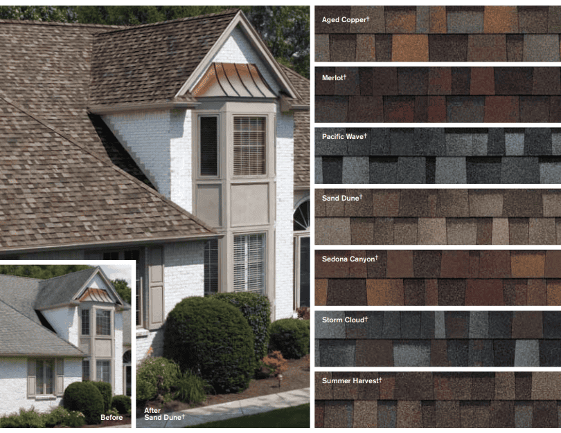 House exterior with gray shingles and white trim beside shingle color samples for roof comparison