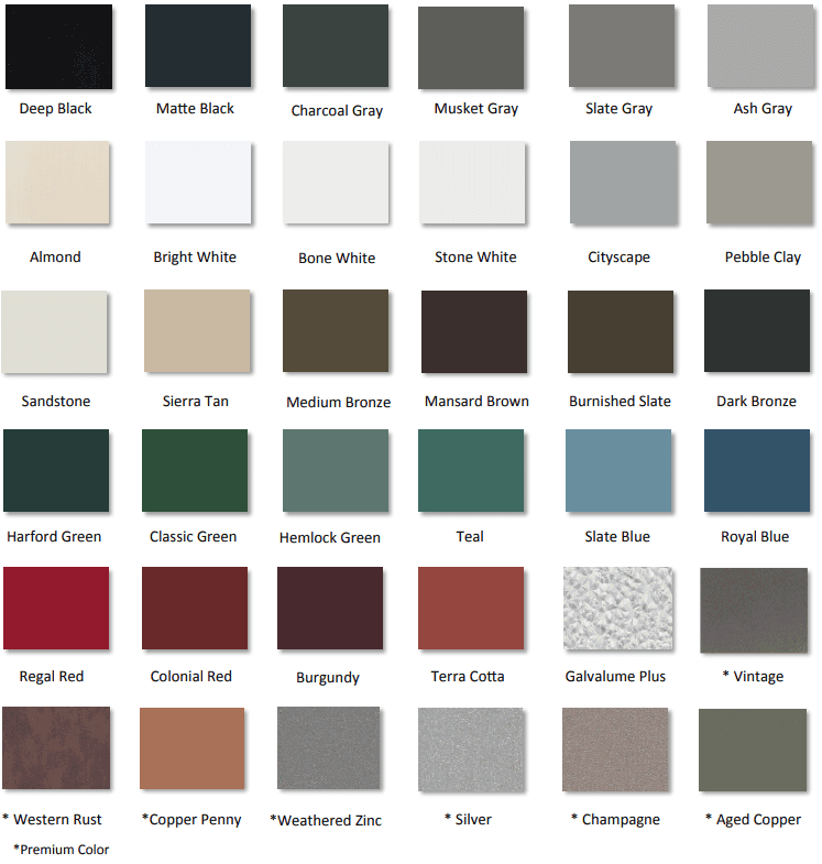 Color palette grid of muted neutral, green, blue, and brown paint swatches with labels