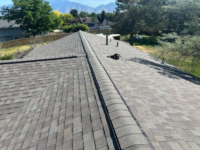 Rooftop with gray shingles, vents, and a mountain view in the distance