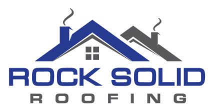 Rock Solid Roofing logo with blue and gray house roofs and chimney icons above the company name