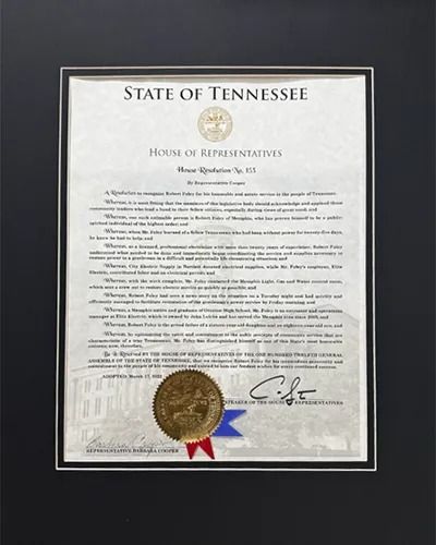 Framed Tennessee House Resolution document with state seal and signature.