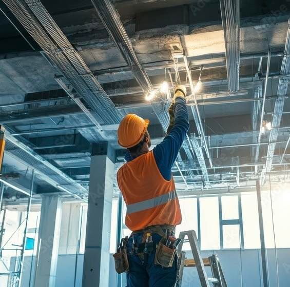 Construction worker in hard hat and vest installs ceiling electrical wiring.