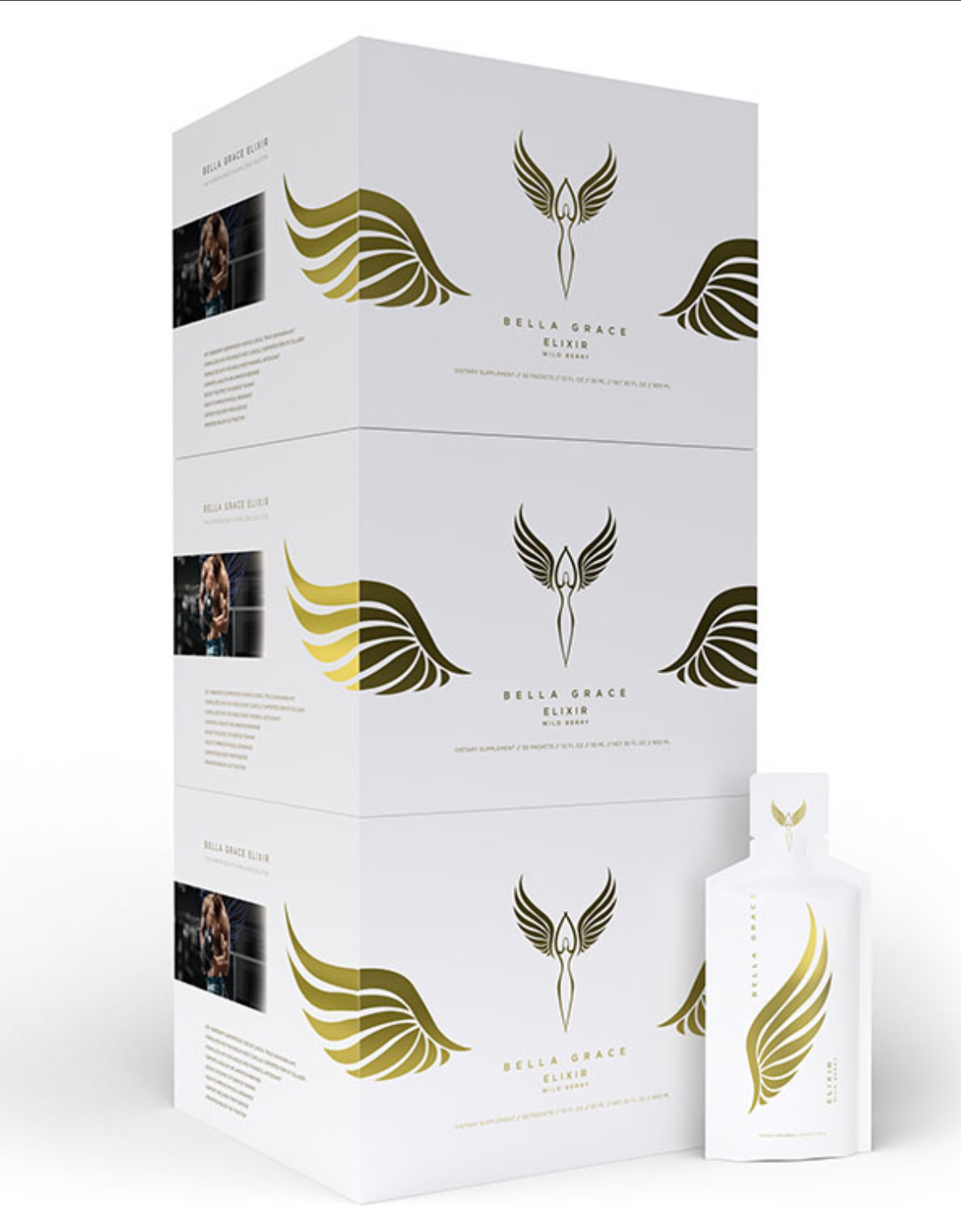 Three white boxes with gold wings and a phoenix logo, stacked. A single packet also displays the logo.