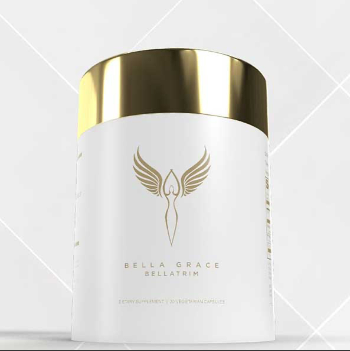 White bottle with gold lid, Bella Grace Bellatrim dietary supplement. Gold angel logo.