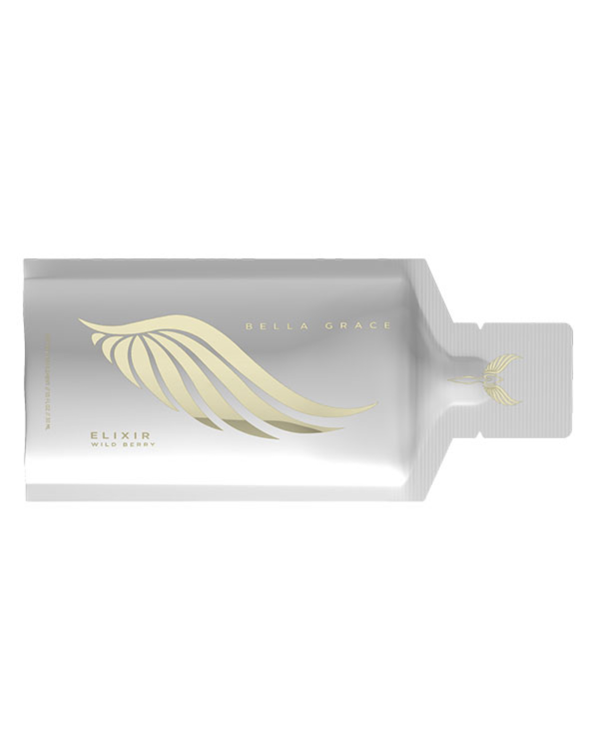White pouch with gold wing graphic and 