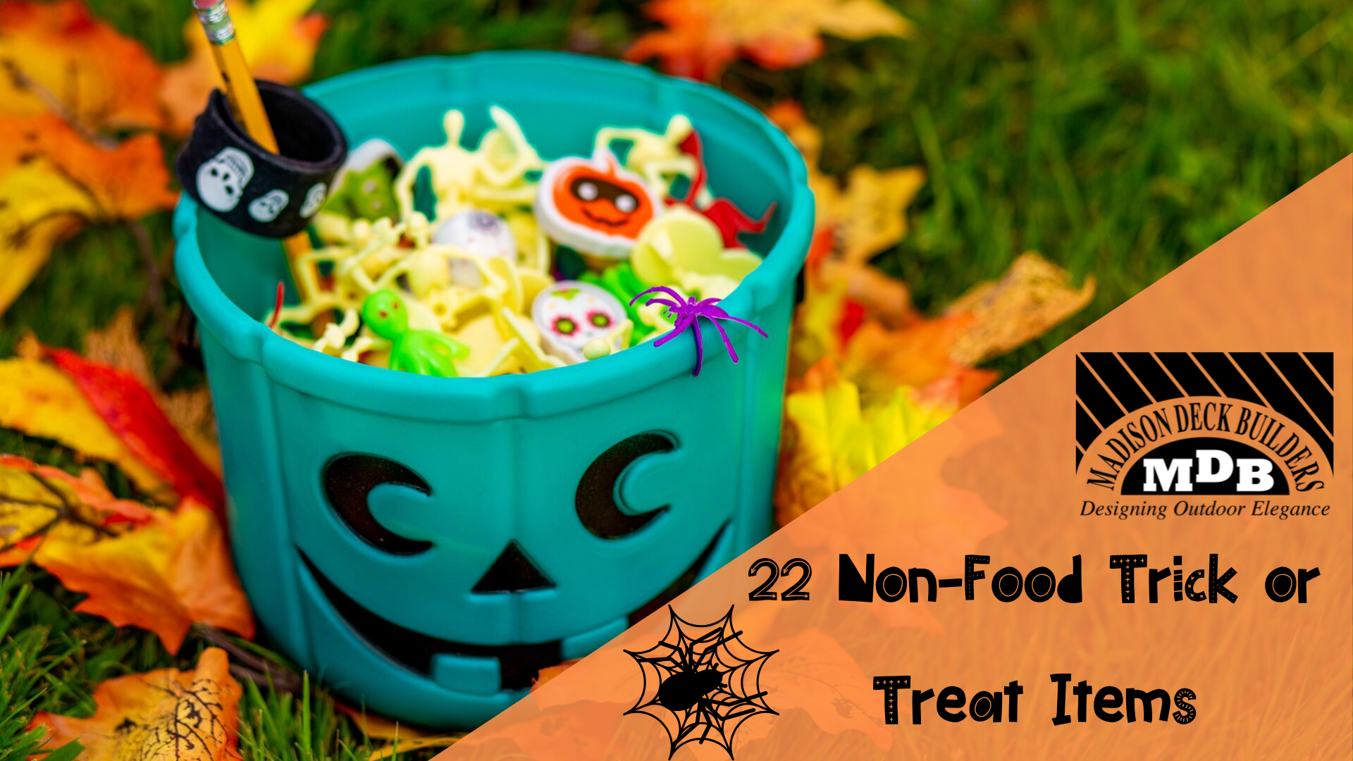 Teal pumpkin bucket filled with non-food Halloween treats on grass, with autumn leaves. Text: 