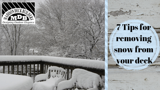 Snow-covered deck with text overlay: 