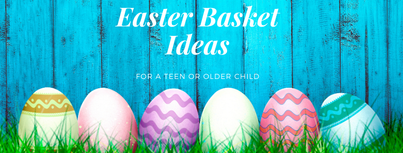 Easter basket ideas banner with colorful eggs and grass on a blue wooden background.