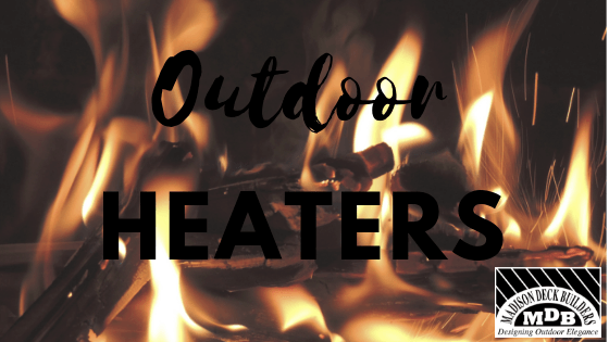 Outdoor Heaters text over a fiery background. A logo is in the bottom right corner.
