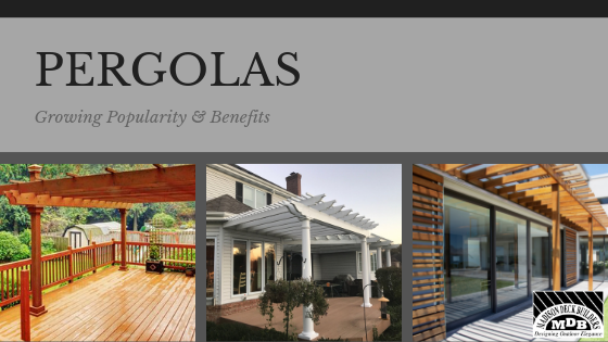 Pergolas slide with title and photos of wood and white pergolas over decks and patios.