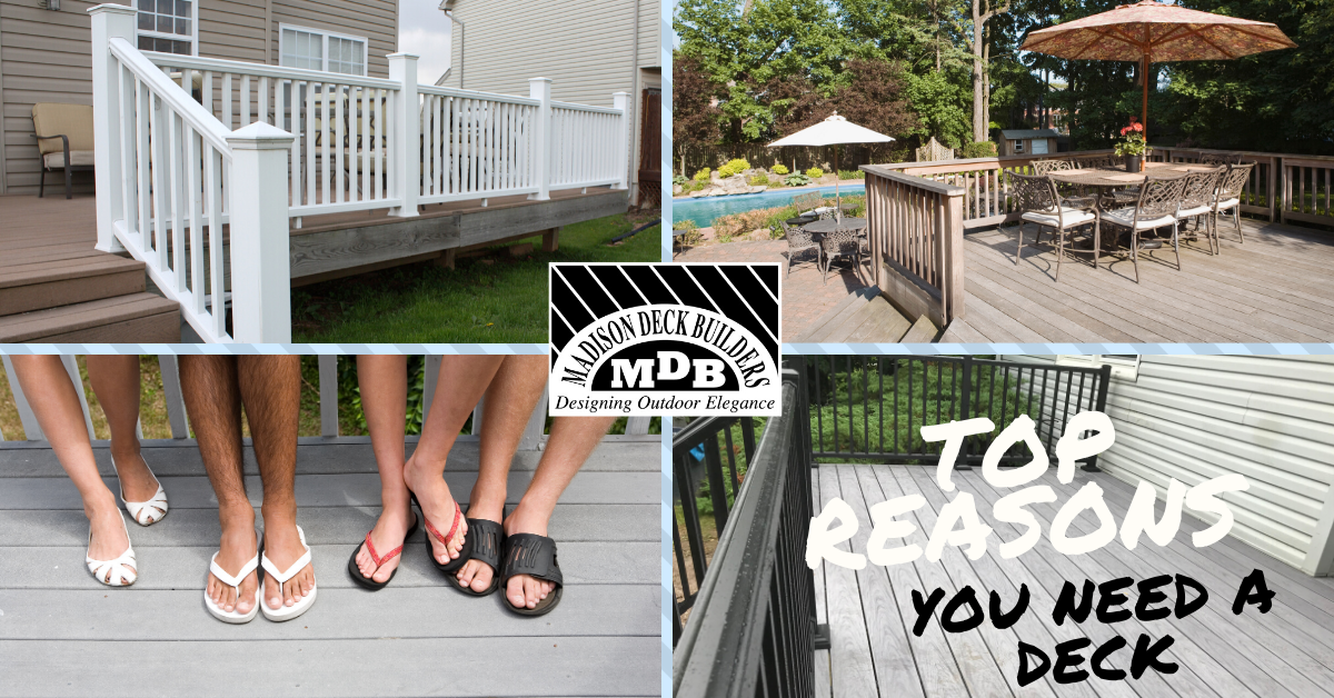 Composite: decks with railings, seating, and feet wearing sandals; title 