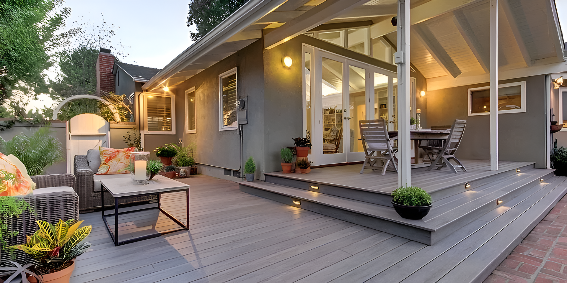 A gray-toned outdoor deck with seating, potted plants, and steps, illuminated by warm lights at dusk.