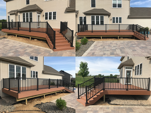 Four views of a brown composite deck with black railings, connected by steps. House and patio are in the background.