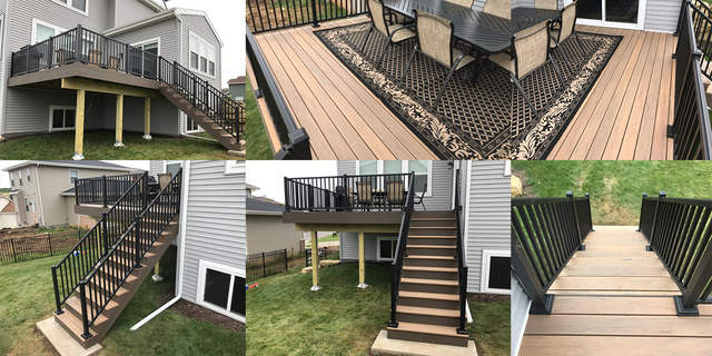 Composite deck with black railing and outdoor dining set.