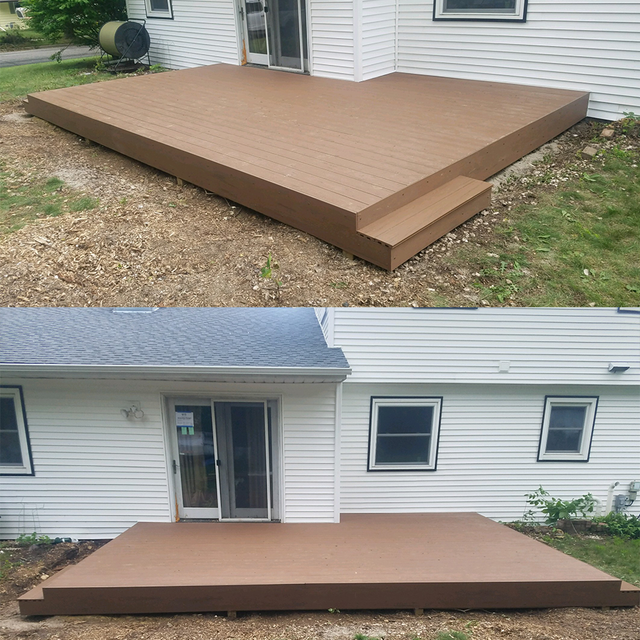 Two views of a brown composite deck attached to a white house with a sliding door and windows.