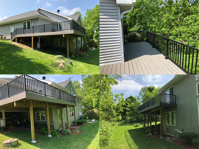Four views of a multi-level deck attached to a light green house. Gray decking, black railing, and green lawn.